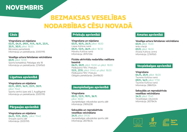 Bezmaksas veselības nodarbības Cēsu novadā